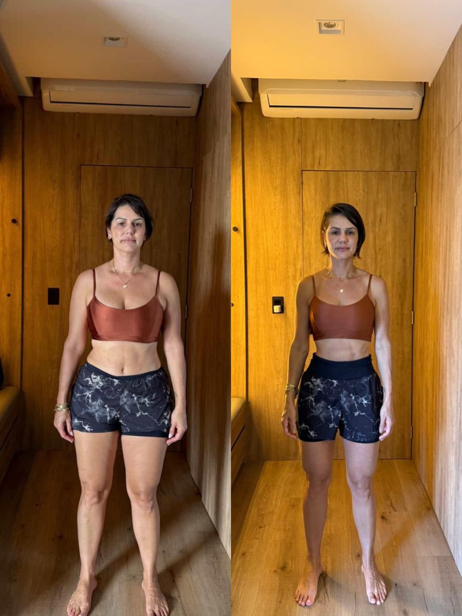 Antes e depois de aluna do Ton: cintura mais fina e abdômen definido